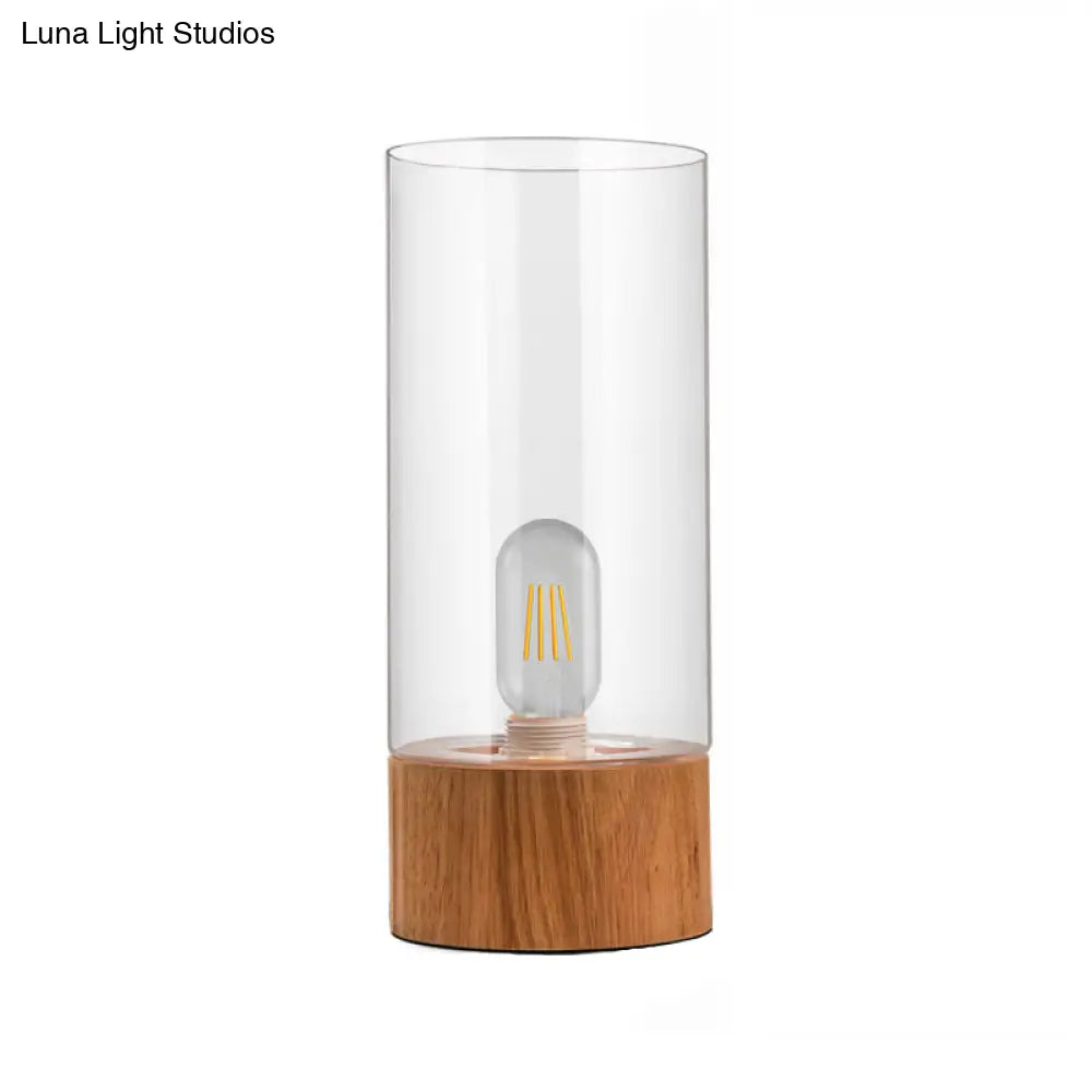 مصباح مكتب أسطواني لغرفة النوم - ضوء قراءة LED زجاجي شفاف بقاعدة خشبية