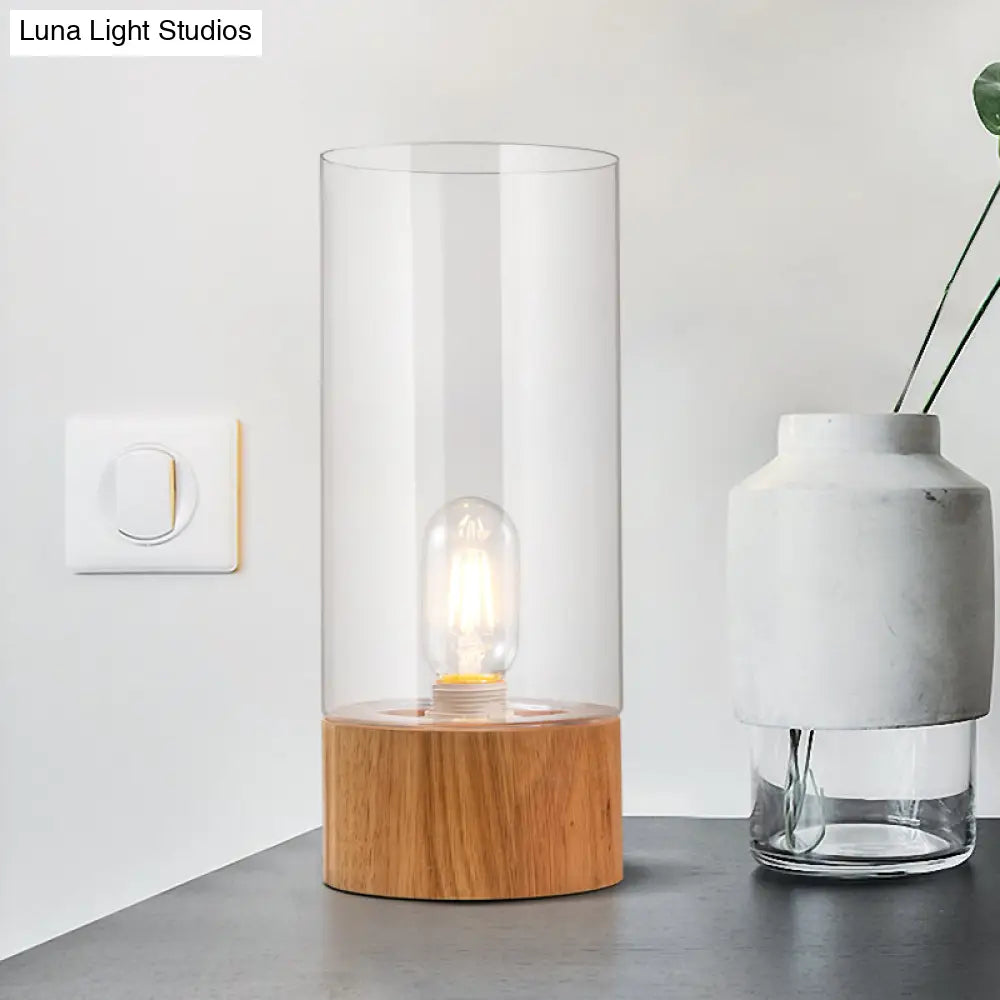 مصباح مكتب أسطواني لغرفة النوم - ضوء قراءة LED زجاجي شفاف بقاعدة خشبية