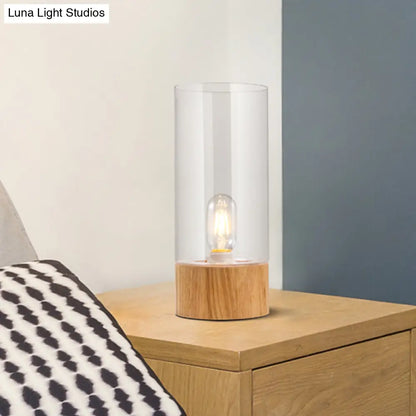 مصباح مكتب أسطواني لغرفة النوم - ضوء قراءة LED زجاجي شفاف بقاعدة خشبية