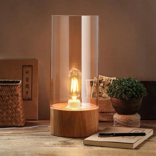 Cylinder Bedroom Desk Lamp - Clear Glass LED Reading Light with Wood Base