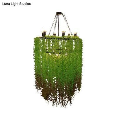 Cylinder Chandelier Lamp: 6 Heads, Industrial Green Metal with Plant Decoration - Suspension Lighting
