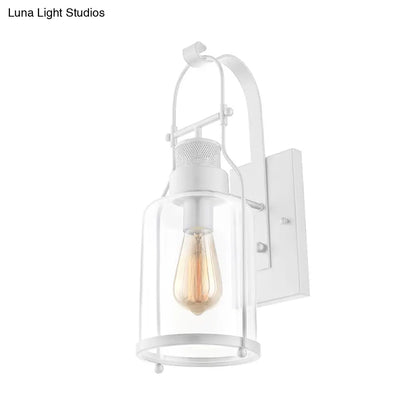 مصباح حائطي أسطواني زجاجي شفاف - مصباح صناعي أحادي المصباح لغرفة المعيشة - أسود/أبيض/صدئ مع قفص
