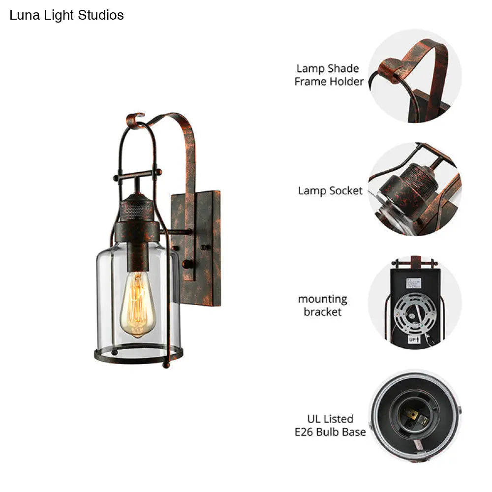 مصباح حائطي أسطواني زجاجي شفاف - مصباح صناعي أحادي المصباح لغرفة المعيشة - أسود/أبيض/صدئ مع قفص