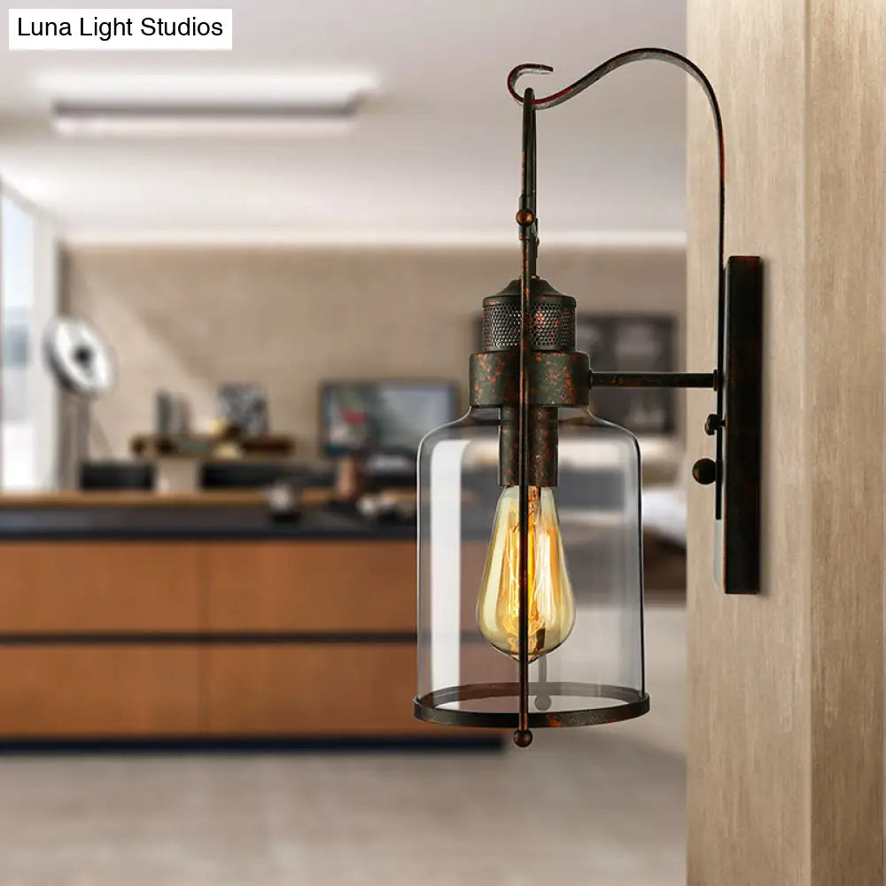 مصباح حائطي أسطواني زجاجي شفاف - مصباح صناعي أحادي المصباح لغرفة المعيشة - أسود/أبيض/صدئ مع قفص