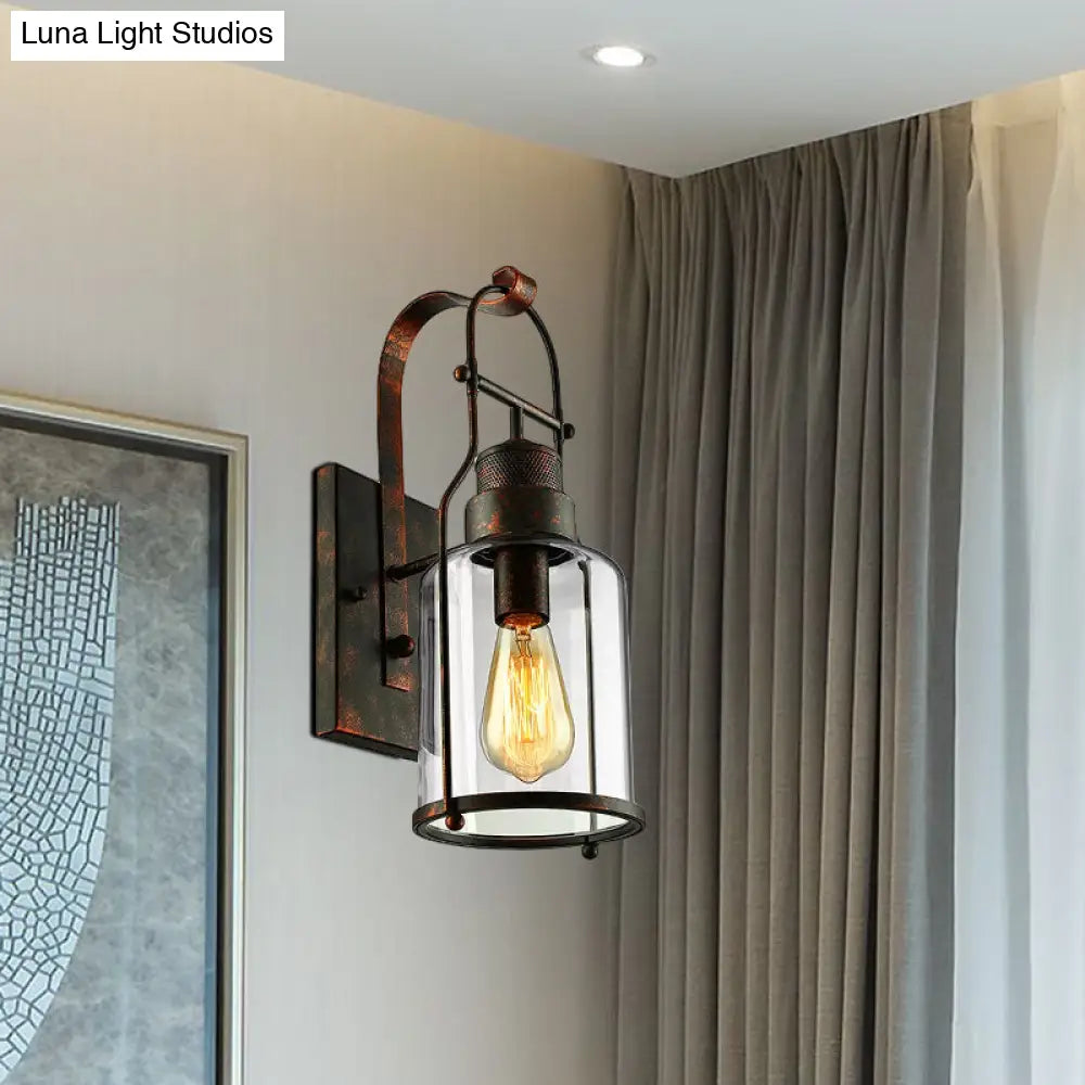 مصباح حائطي أسطواني زجاجي شفاف - مصباح صناعي أحادي المصباح لغرفة المعيشة - أسود/أبيض/صدئ مع قفص