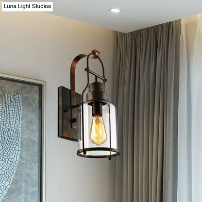 مصباح حائطي أسطواني زجاجي شفاف - مصباح صناعي أحادي المصباح لغرفة المعيشة - أسود/أبيض/صدئ مع قفص