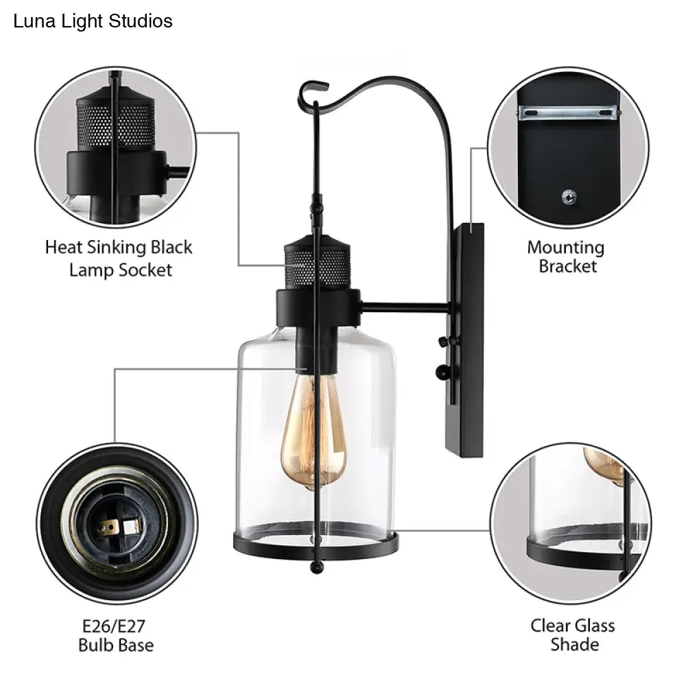 مصباح حائطي أسطواني زجاجي شفاف - مصباح صناعي أحادي المصباح لغرفة المعيشة - أسود/أبيض/صدئ مع قفص