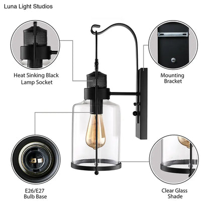 مصباح حائطي أسطواني زجاجي شفاف - مصباح صناعي أحادي المصباح لغرفة المعيشة - أسود/أبيض/صدئ مع قفص