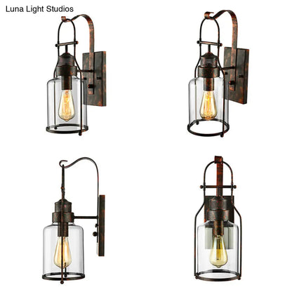 مصباح حائطي أسطواني زجاجي شفاف - مصباح صناعي أحادي المصباح لغرفة المعيشة - أسود/أبيض/صدئ مع قفص