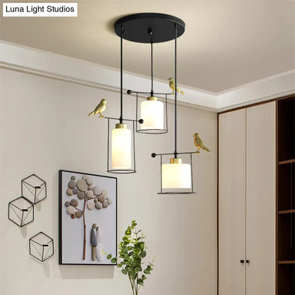 Cylinder Cluster Pendant Dining Room Lamp - Cream/Smoke Gray Glass, Modernism Design with Gold Bird Deco (3 Bulbs)