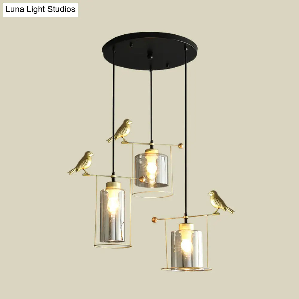 Cylinder Cluster Pendant Dining Room Lamp - Cream/Smoke Gray Glass, Modernism Design with Gold Bird Deco (3 Bulbs)