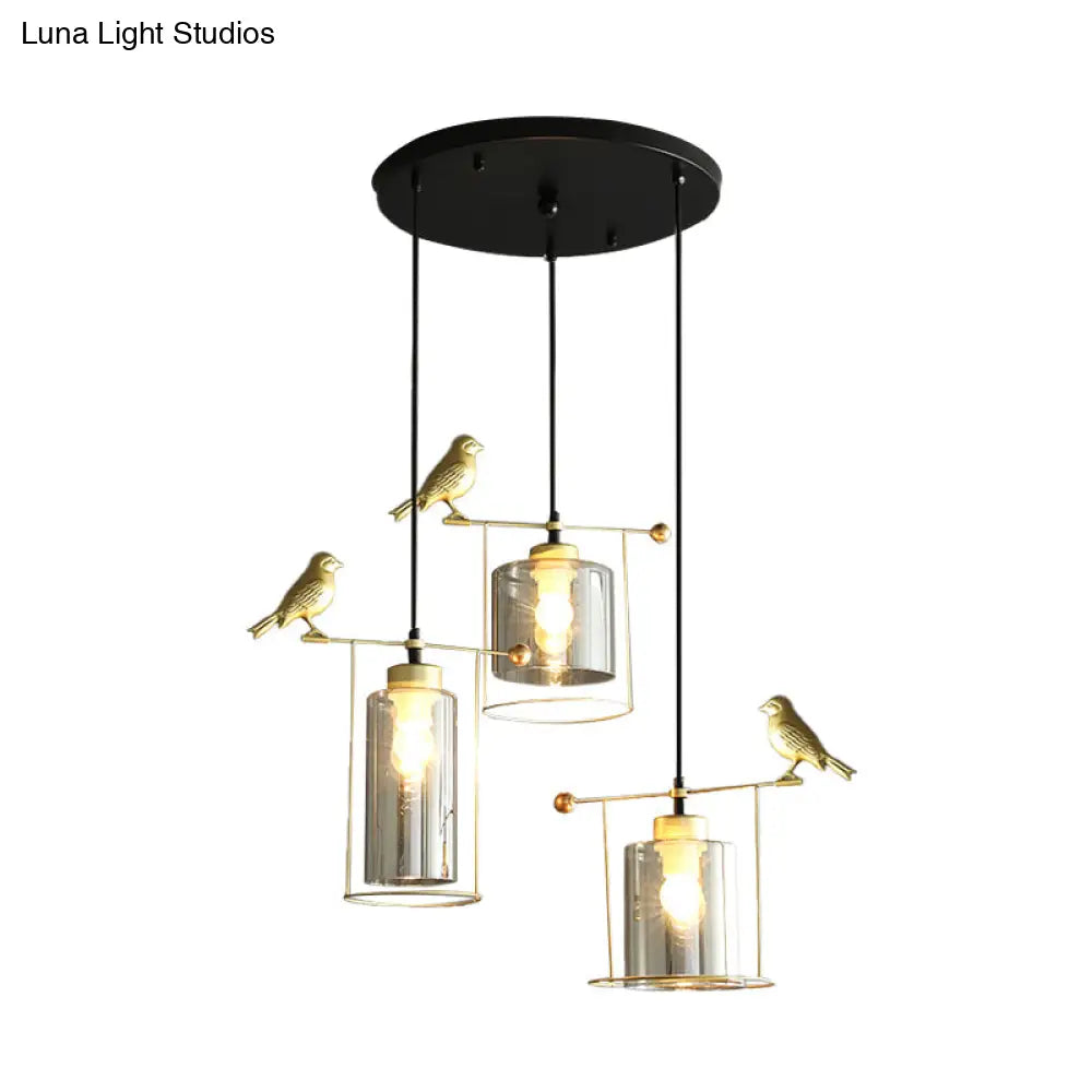 Cylinder Cluster Pendant Dining Room Lamp - Cream/Smoke Gray Glass, Modernism Design with Gold Bird Deco (3 Bulbs)