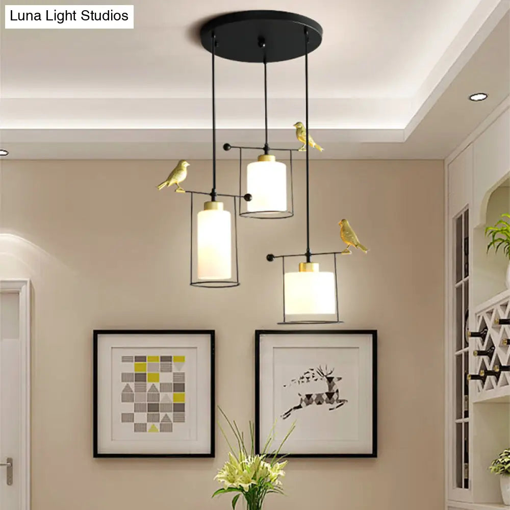 Cylinder Cluster Pendant Dining Room Lamp - Cream/Smoke Gray Glass, Modernism Design with Gold Bird Deco (3 Bulbs)