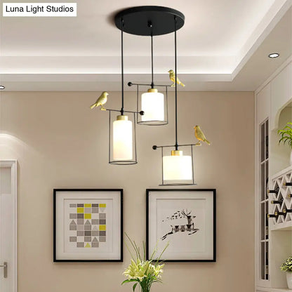 Cylinder Cluster Pendant Dining Room Lamp - Cream/Smoke Gray Glass, Modernism Design with Gold Bird Deco (3 Bulbs)