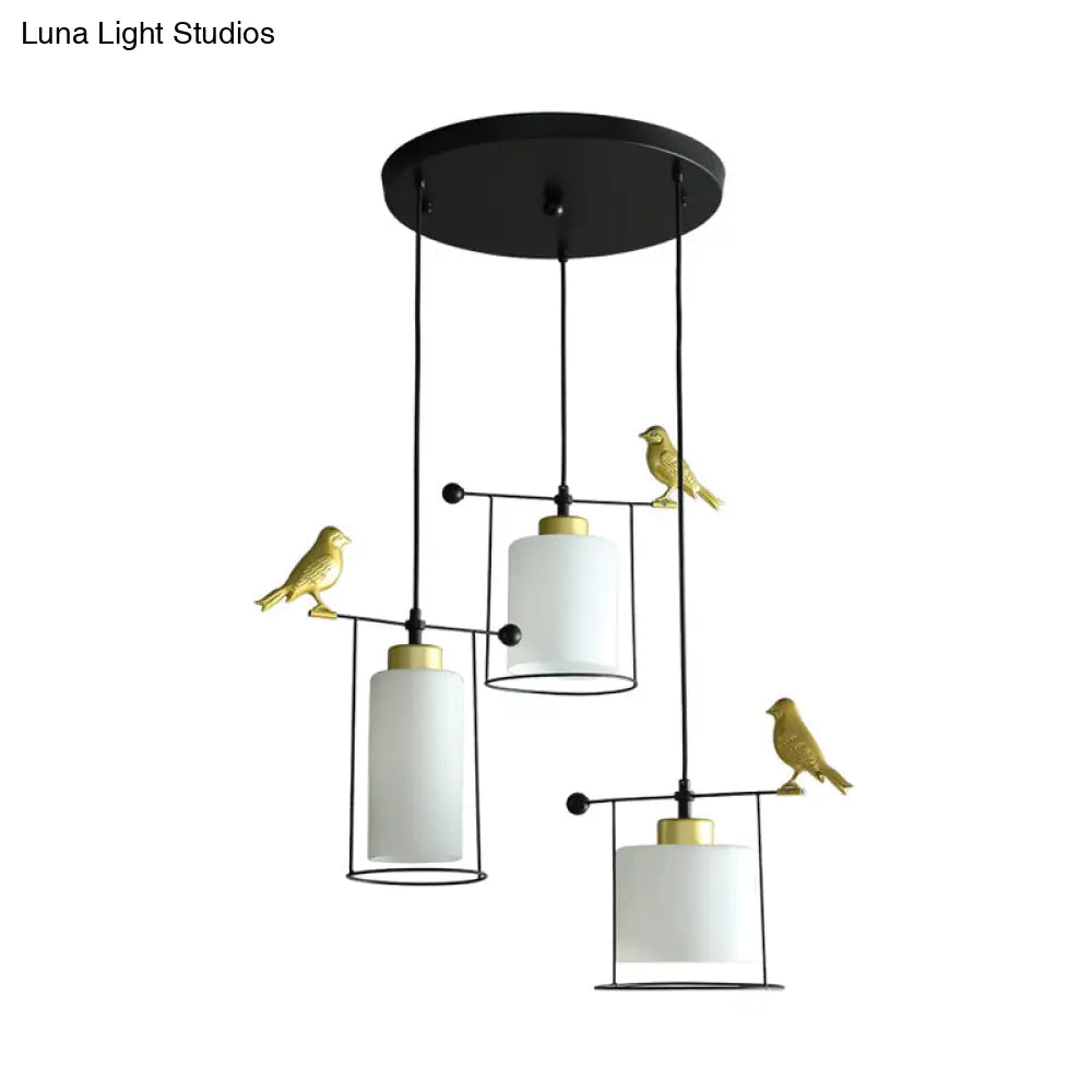 Cylinder Cluster Pendant Dining Room Lamp - Cream/Smoke Gray Glass, Modernism Design with Gold Bird Deco (3 Bulbs)