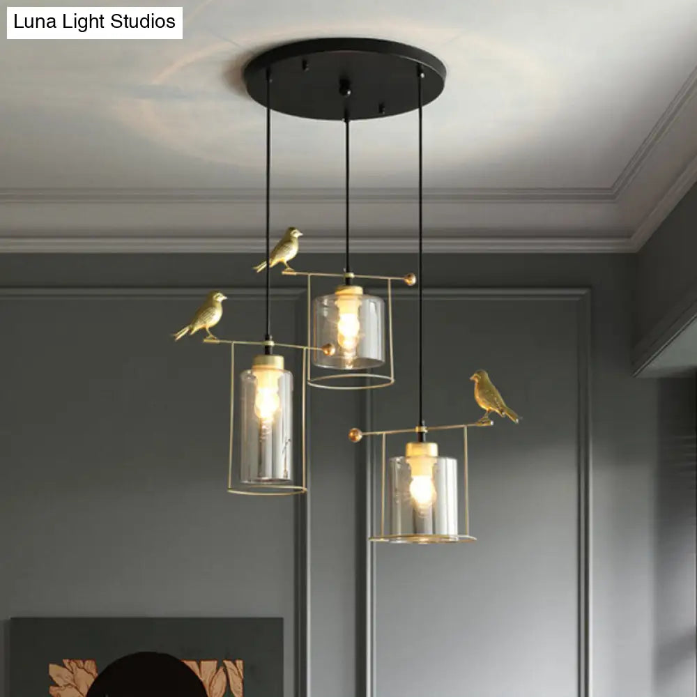 Cylinder Cluster Pendant Dining Room Lamp - Cream/Smoke Gray Glass, Modernism Design with Gold Bird Deco (3 Bulbs)