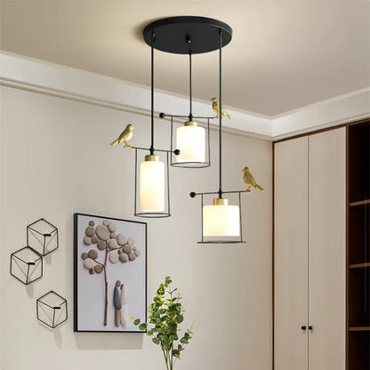 Cylinder Cluster Pendant Dining Room Lamp - Cream/Smoke Gray Glass, Modernism Design with Gold Bird Deco (3 Bulbs)