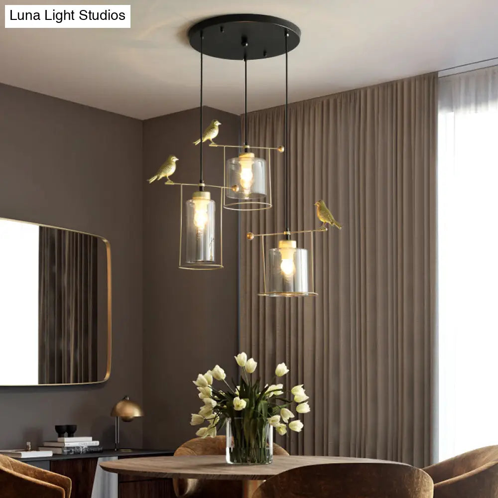 Cylinder Cluster Pendant Dining Room Lamp - Cream/Smoke Gray Glass, Modernism Design with Gold Bird Deco (3 Bulbs)