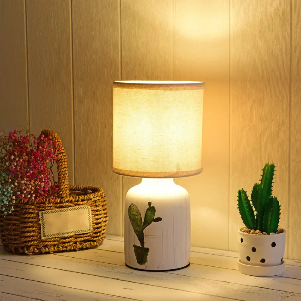 Cylinder Desk Lamp - Modernist Paper 1-Light White Table Light with Ceramic Base & Cactus Pattern