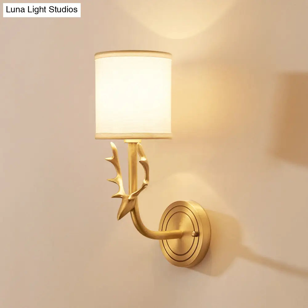 Cylinder Fabric Wall Lamp: 1-Head Cottage Bedroom Fixture with Stag Head Deco - Black/Gold