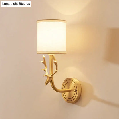 Cylinder Fabric Wall Lamp: 1-Head Cottage Bedroom Fixture with Stag Head Deco - Black/Gold