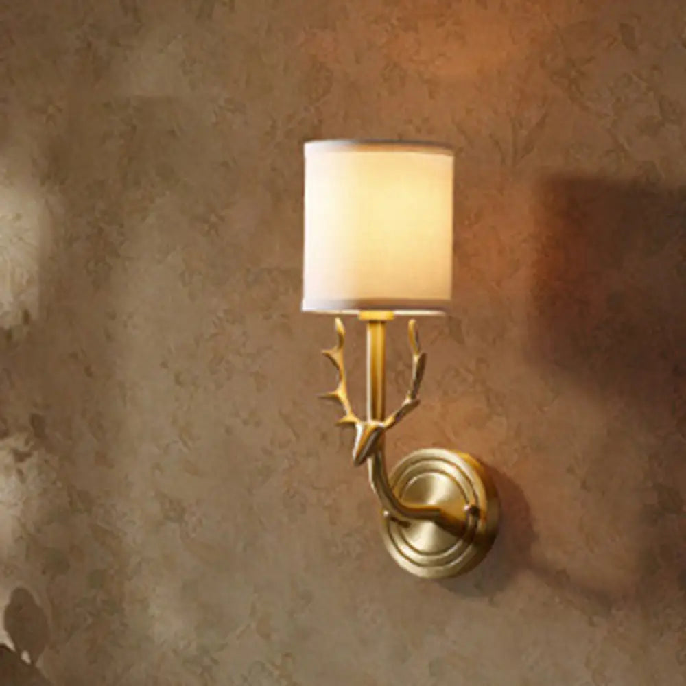 Cylinder Fabric Wall Lamp: 1-Head Cottage Bedroom Fixture with Stag Head Deco - Black/Gold
