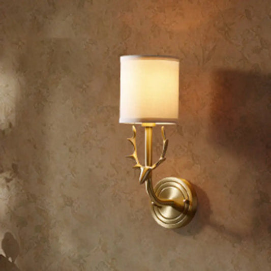 Cylinder Fabric Wall Lamp: 1-Head Cottage Bedroom Fixture with Stag Head Deco - Black/Gold