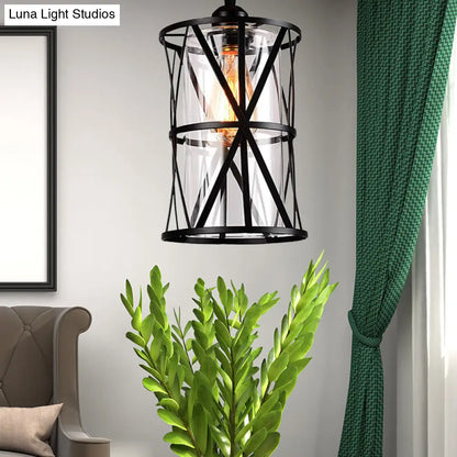 Cylinder Glass Pendant Light in Black with Industrial Iron Frame