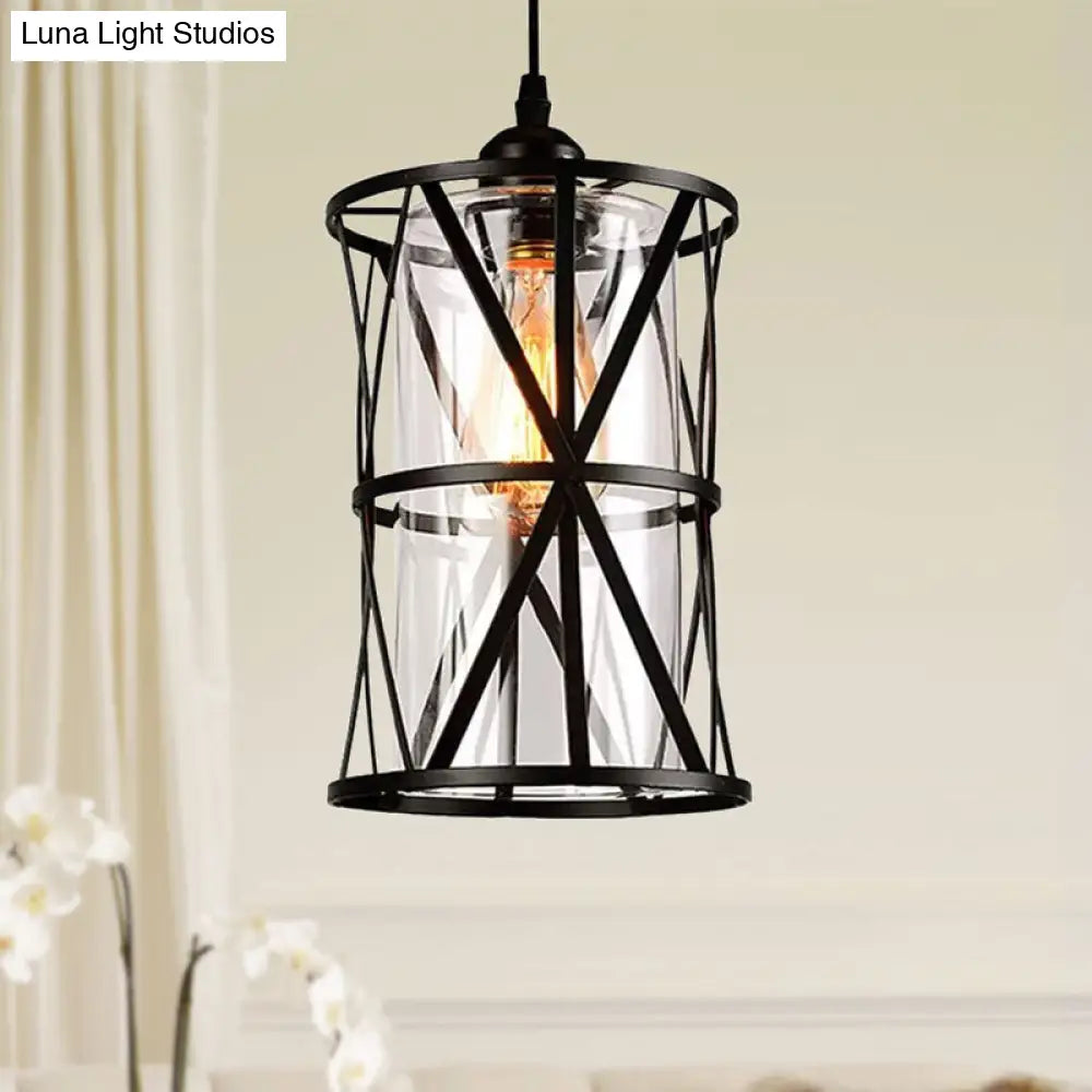 Cylinder Glass Pendant Light in Black with Industrial Iron Frame