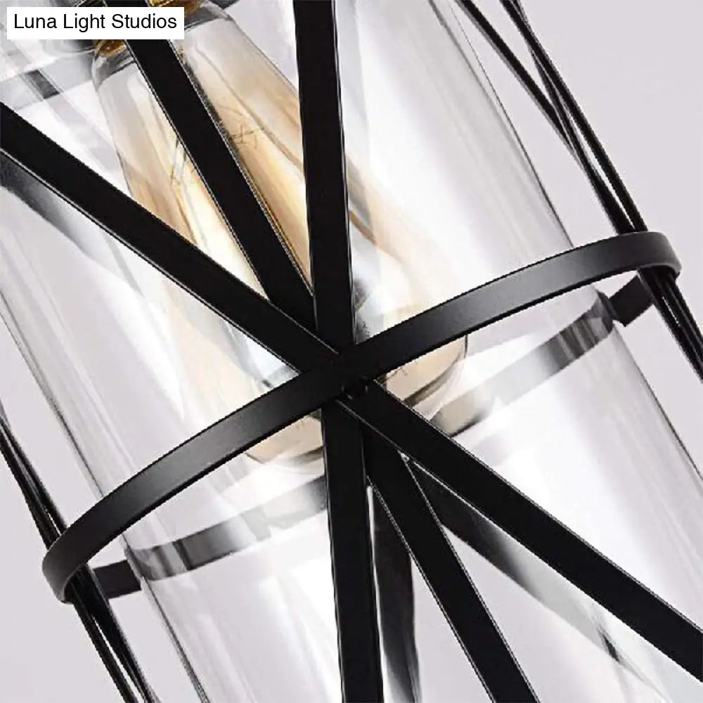 Cylinder Glass Pendant Light in Black with Industrial Iron Frame