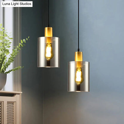 Cylinder Pendant Light: Postmodern Smoke Gray Glass, 1 Head Hanging Lamp for Bedroom