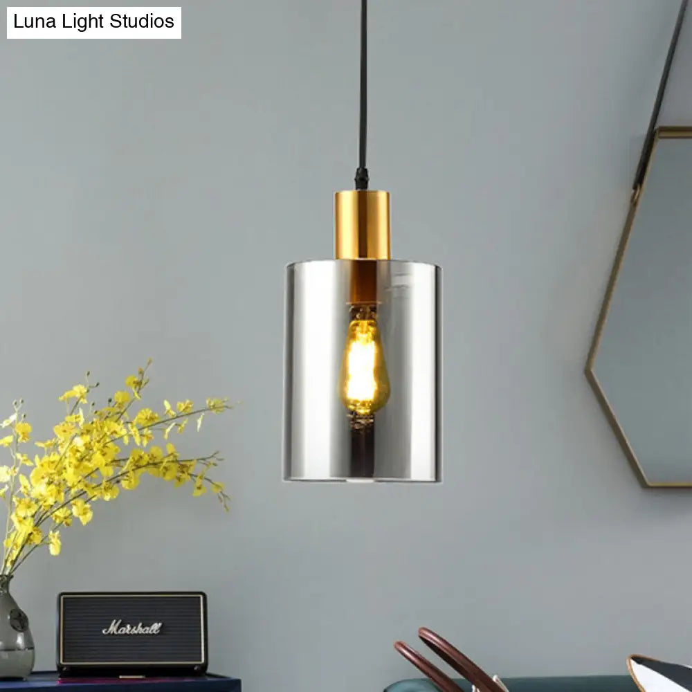 Cylinder Pendant Light: Postmodern Smoke Gray Glass, 1 Head Hanging Lamp for Bedroom