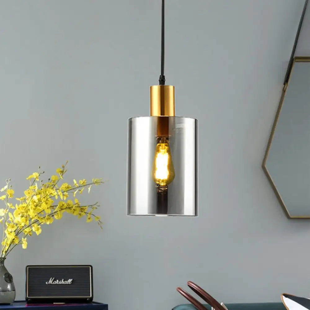 Cylinder Pendant Light: Postmodern Smoke Gray Glass, 1 Head Hanging Lamp for Bedroom