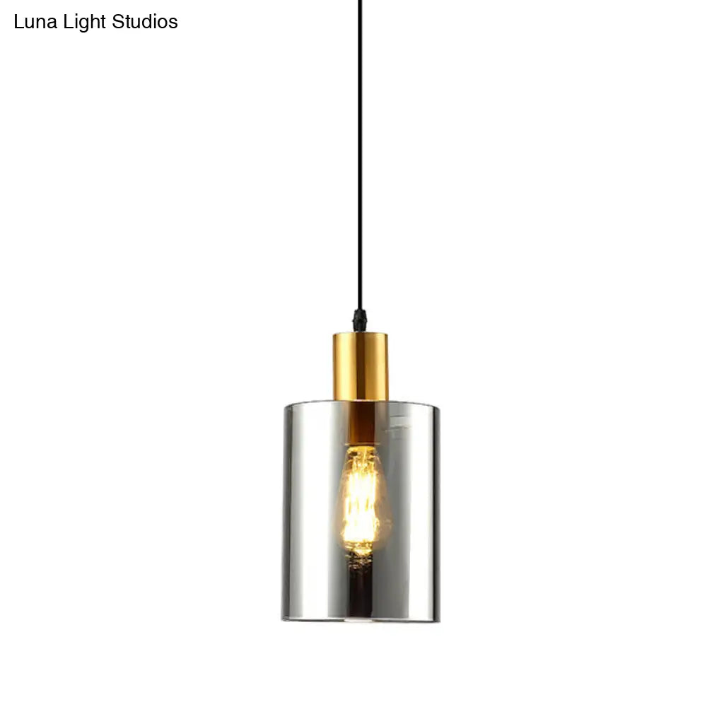 Cylinder Pendant Light: Postmodern Smoke Gray Glass, 1 Head Hanging Lamp for Bedroom