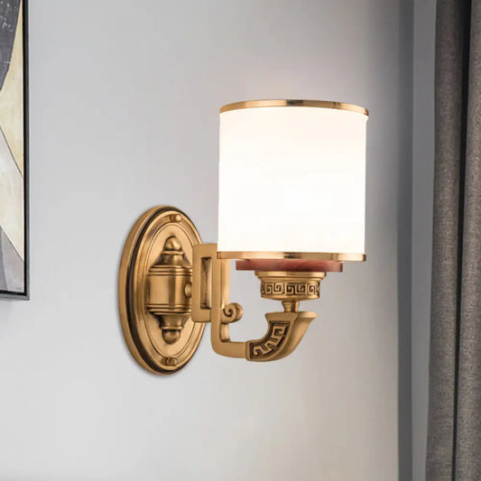 Cylinder Wall Sconce with Brass Finish and White Glass - Living Room Wall Lamp