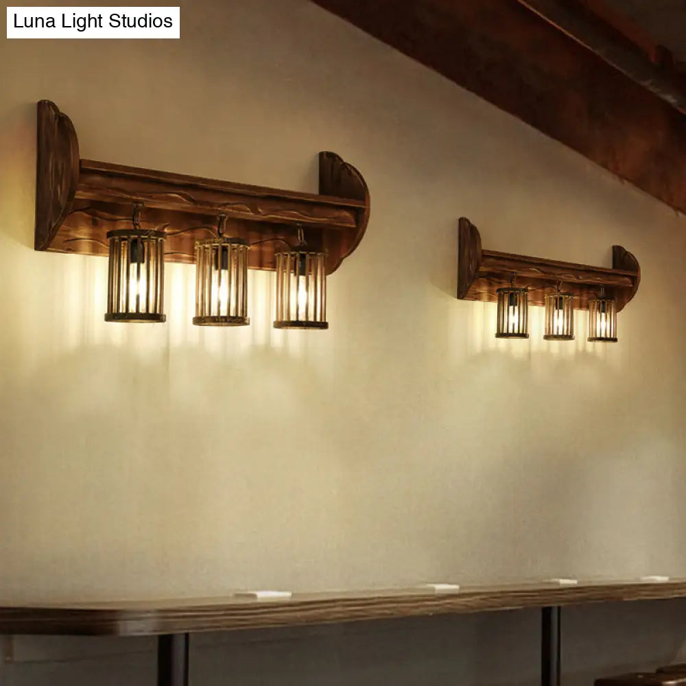 مصباح حائطي خشبي أسطواني مع شمعدان بني بثلاثة رؤوس - إضاءة غرفة نوم على طراز المصنع