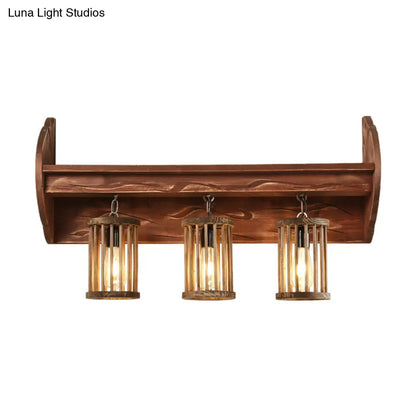 مصباح حائطي خشبي أسطواني مع شمعدان بني بثلاثة رؤوس - إضاءة غرفة نوم على طراز المصنع