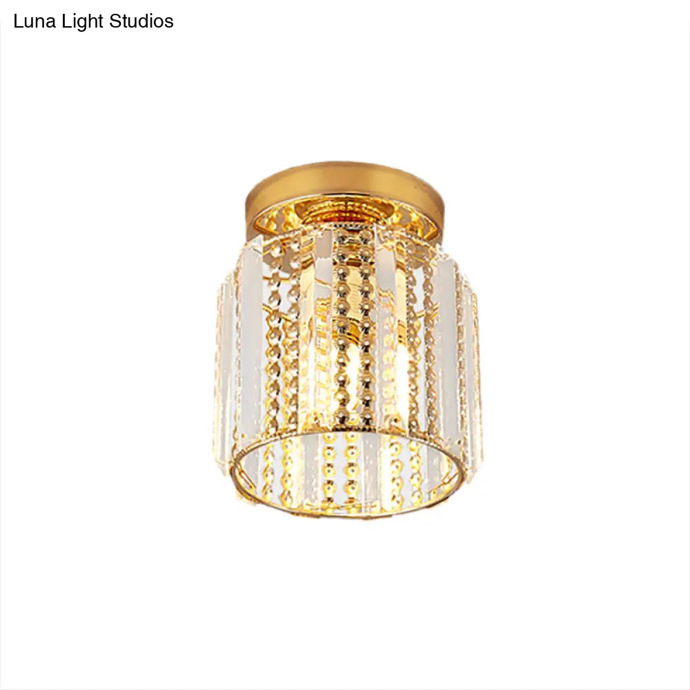 DecorBites™ DecorBites™ Cylindrical Crystal Mini Flush Lamp - Elegant 1-Light Golden Corridor Ceiling Mounted Light, 7" Wide