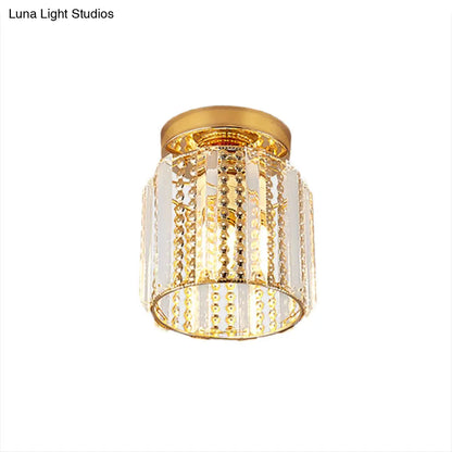DecorBites™ DecorBites™ Cylindrical Crystal Mini Flush Lamp - Elegant 1-Light Golden Corridor Ceiling Mounted Light, 7" Wide