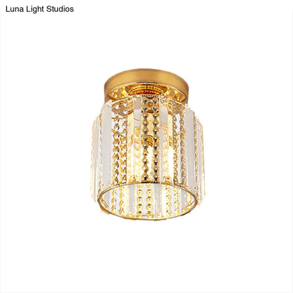 DecorBites™ DecorBites™ Cylindrical Crystal Mini Flush Lamp - Elegant 1-Light Golden Corridor Ceiling Mounted Light, 7" Wide