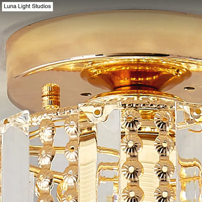 DecorBites™ DecorBites™ Cylindrical Crystal Mini Flush Lamp - Elegant 1-Light Golden Corridor Ceiling Mounted Light, 7" Wide
