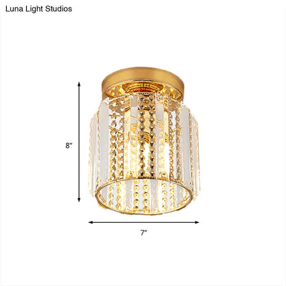 DecorBites™ DecorBites™ Cylindrical Crystal Mini Flush Lamp - Elegant 1-Light Golden Corridor Ceiling Mounted Light, 7" Wide