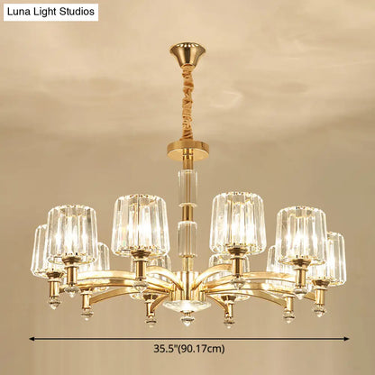 ثريا ذهبية أسطوانية الشكل مع منشور كريستالي بصري بسيط - مثالية لغرفة المعيشة