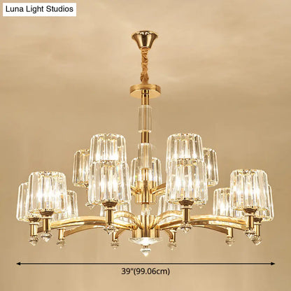 ثريا ذهبية أسطوانية الشكل مع منشور كريستالي بصري بسيط - مثالية لغرفة المعيشة