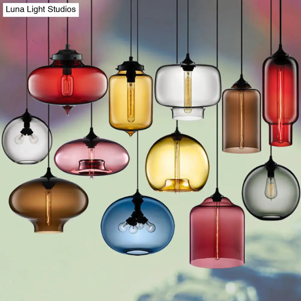 Cylindrical Industrial Pendant Lamp with Clear/Blue/Amber Glass for Restaurants