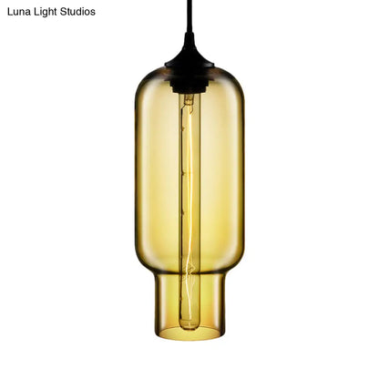 Cylindrical Industrial Pendant Lamp with Clear/Blue/Amber Glass for Restaurants