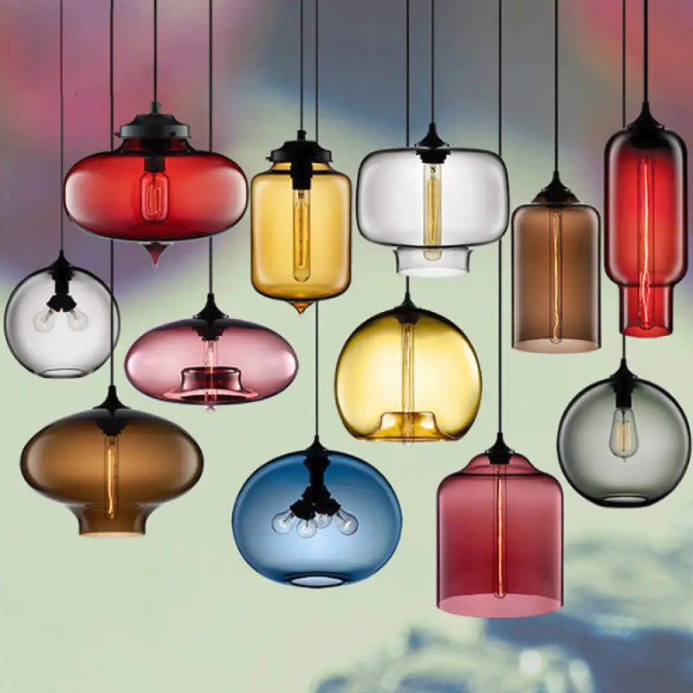 Cylindrical Industrial Pendant Lamp with Clear/Blue/Amber Glass for Restaurants