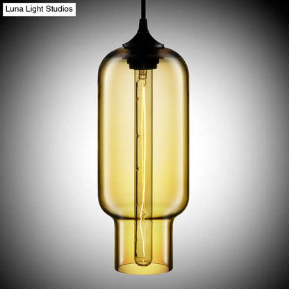 Cylindrical Industrial Pendant Lamp with Clear/Blue/Amber Glass for Restaurants