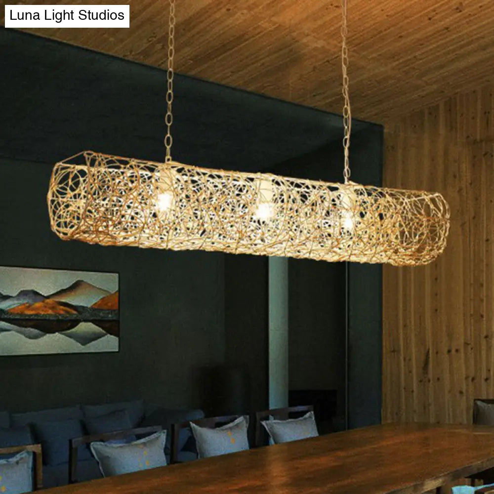 DecorBites™ Cylindrical Rattan Island Pendant Light - Southeast Asian Style with 3 Bulbs for Tea Room Ceiling
