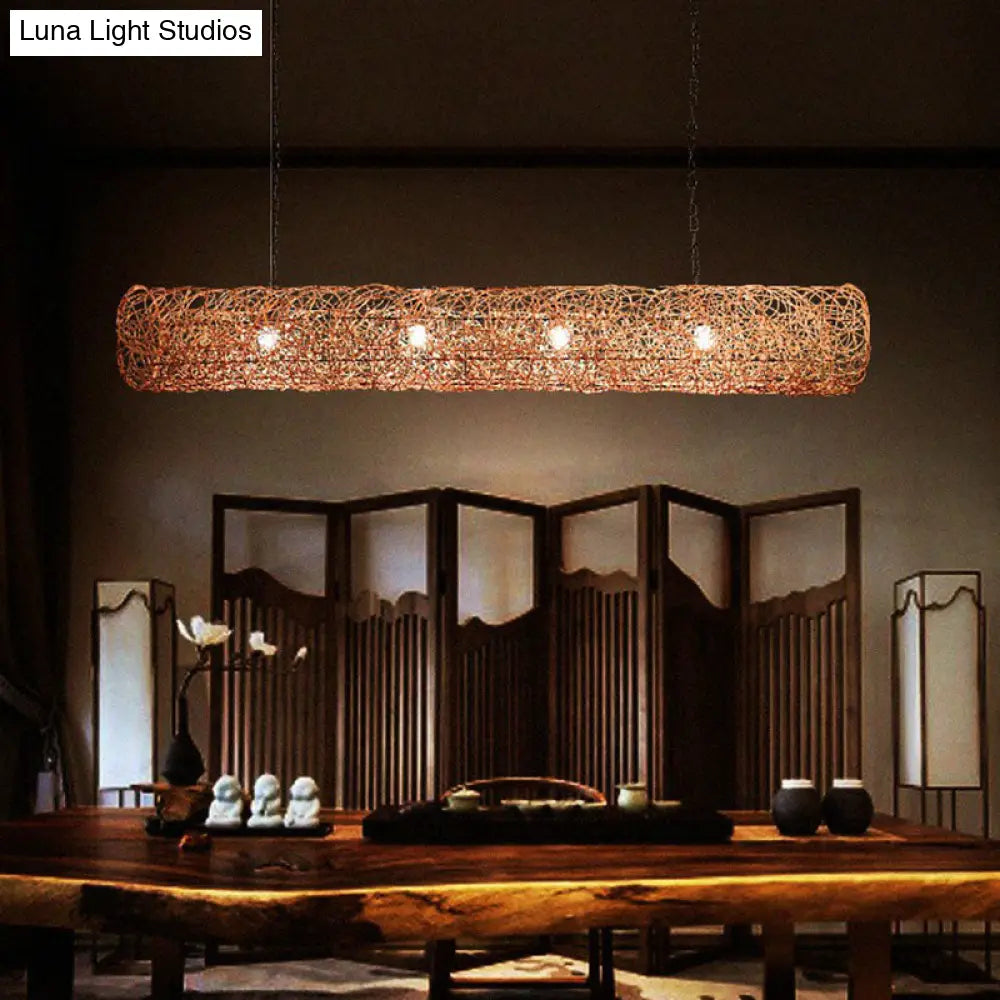 DecorBites™ Cylindrical Rattan Island Pendant Light - Southeast Asian Style with 3 Bulbs for Tea Room Ceiling